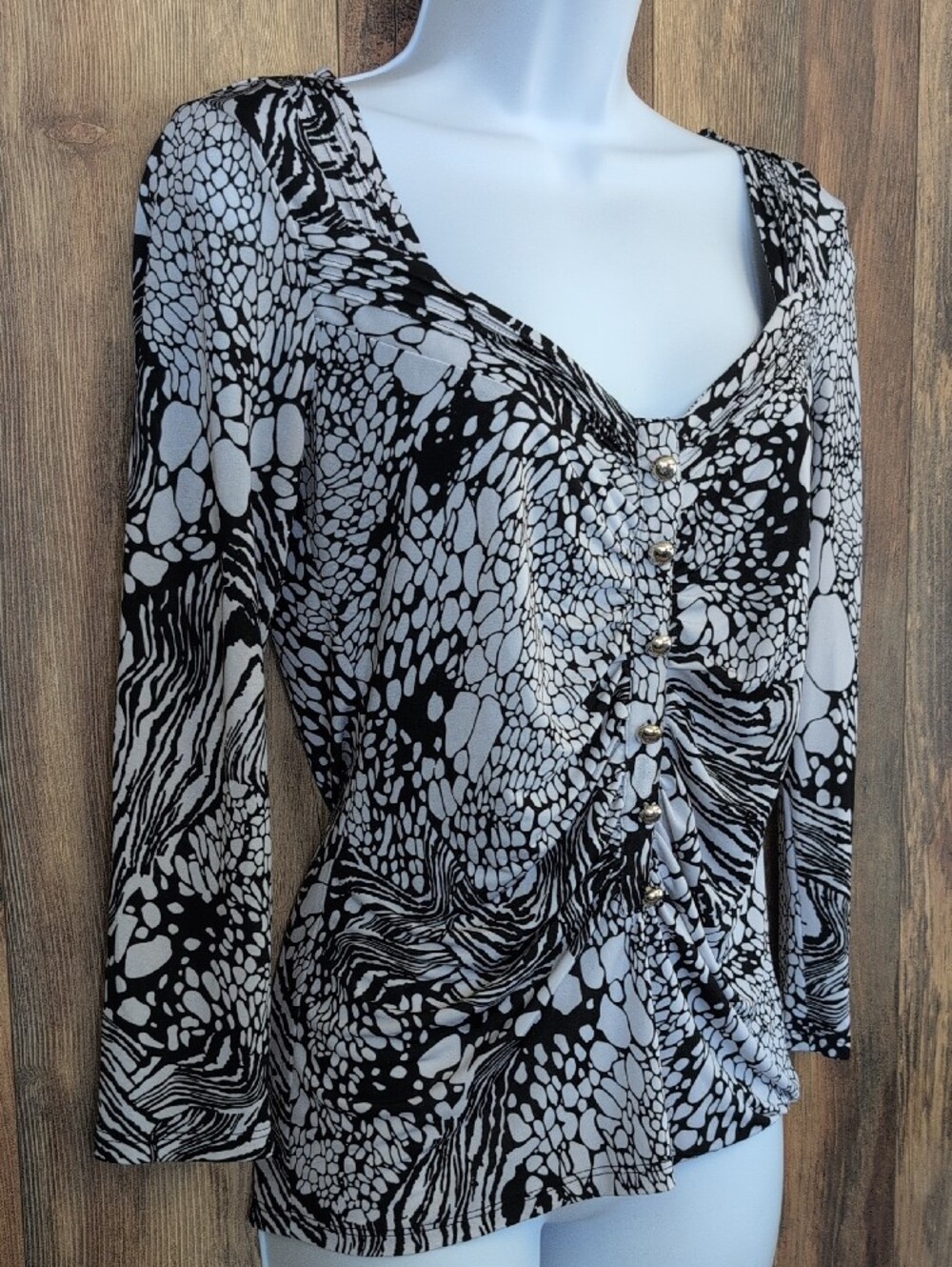 Cache Black & White Abstract Print Button-Front Top Blouse S         717A